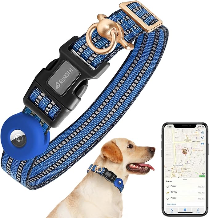 Auroth Airtag Dog Collar, Adjustable Air Tag Case Holder Dog Collar for Medium Large Dogs, Airtag Dog Collar Holder with Heavy Duty D Ring Tangle Free