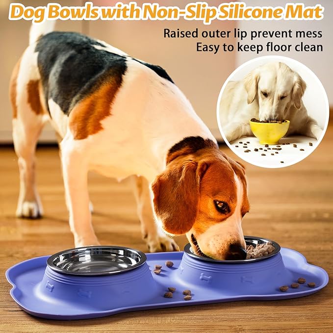 Hubulk Pet Dog Bowls 2 Stainless Steel Dog Bowl with No Spill Non-Skid Silicone Mat + Pet Food Scoop Water and Food Feeder Bowls for Feeding Small Medium Large Dogs Cats Puppies (X- Large, Purple)…