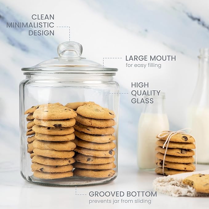 1 Gallon Glass Cookie Jar - Large Food Storage Container with Airtight Lid - Keep Fresh Flour, Chewy Pet Treats, Candy, Dried Foods, Detergent Pods for Your Kitchen or Laundry Room- Pack of 2