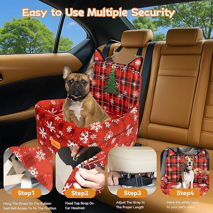 Christmas Dog Car Seat for Small/Medium Dogs Up to 35lbs,Elevated Cushion Fits in Front/Back Seat,Travel Safety Per Car Bed with Washable Removable Cover, Storage 2 Pockets Christmas Tree