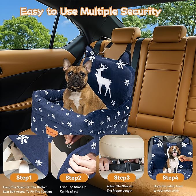 Christmas Dog Car Seat for Small/Medium Dogs Up to 35lbs,Elevated Cushion Fits in Front/Back Seat,Travel Safety Per Car Bed with Washable Removable Cover, Storage 2 Pockets Christmas Elk