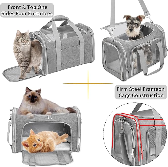 Soft-Sided Cat/Dog/Pet Carrier, Collapsible Pets Travel Carriers for Big Cats/Small Dogs with Shoulder Strap & Removable Mat, Mesh Puppy Carry Bag, Up to 25 Lbs(Gray)