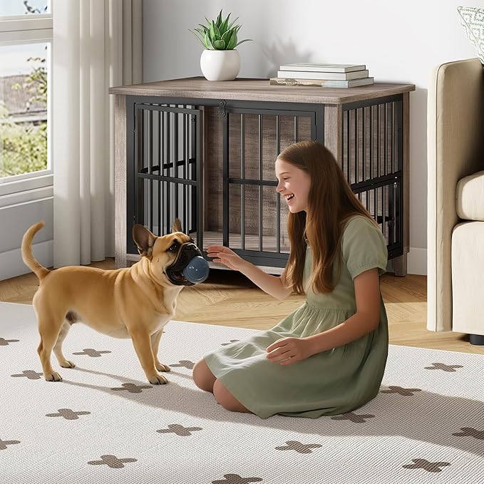 YaFiti 31.5" Dog Crate Furniture Set of 2, Wooden Dog Kennel Indoor with 360° Rotating Feeder and 2 Adjustable Bowls, Decorative Side End Table Dog Cage for Medium and Small Dogs, Grey