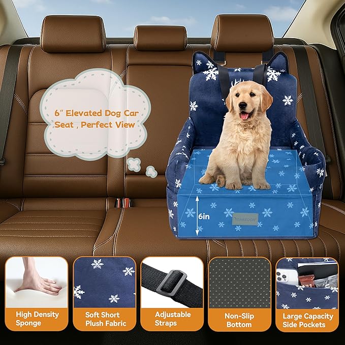 Christmas Dog Car Seat for Small/Medium Dogs Up to 35lbs,Elevated Cushion Fits in Front/Back Seat,Travel Safety Per Car Bed with Washable Removable Cover, Storage 2 Pockets Christmas Elk