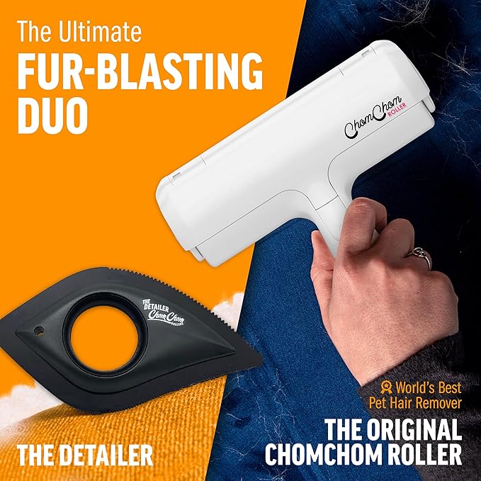 ChomChom Roller & Detailer Bundle - Pet Hair Remover and Reusable Lint Roller - ChomChom Cat and Dog Hair Remover for Furniture, Couch, Carpet, Clothing and Bedding - Multi-Surface Fur Removal Tool