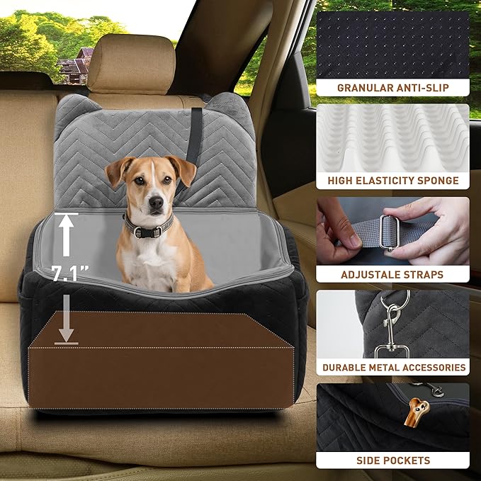Dog Car Seat for Small/Medium Dogs Up to 30 lbs, Memory Foam Dog Booster Car Seats with Waterproof PU Cover, Pet Seat with Storage Pockets & 2 Safety Belt for Travel(Black)