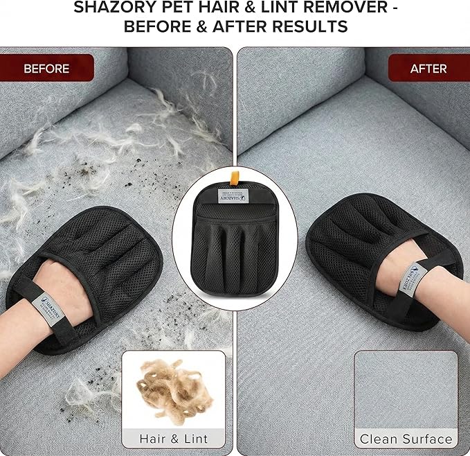 SHAZORY 2PCS Pet Hair Removal Glove for Cats and Dogs - Electrostatic Pet Hair Remover Glove | Reusable Brush Pet Hair Remover for Couch, Carpet, Car Seat & Laundry