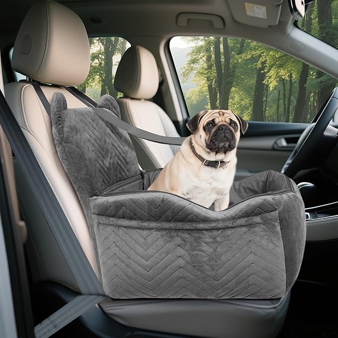 Dog Car Seat for Small/Medium Dogs Up to 30 lbs, Memory Foam Dog Booster Car Seats with Waterproof PU Cover, Pet Seat with Storage Pockets & 2 Safety Belt for Travel(Grey)