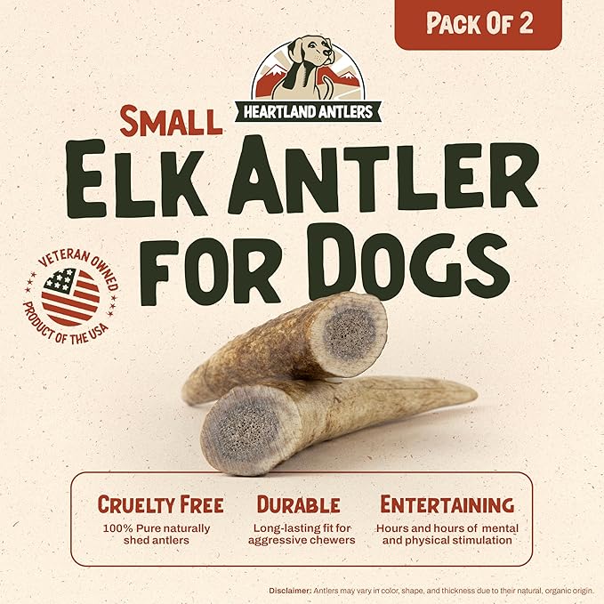 Heartland Elk Antlers for Dogs - Daily Dental Chews for Small Breed Aggressive Chewers to Promote Healthy Teeth & Prevent Destructive Behavior (Whole Elk, 4-5", 2-Pack, USA Made)