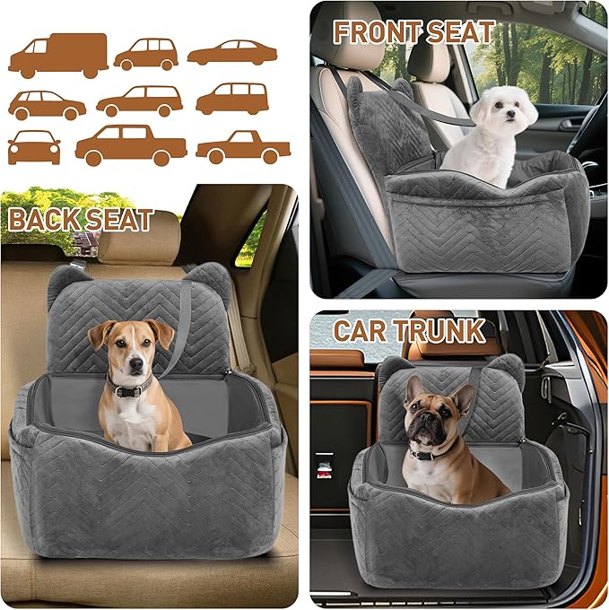 Dog Car Seat for Small/Medium Dogs Up to 30 lbs, Memory Foam Dog Booster Car Seats with Waterproof PU Cover, Pet Seat with Storage Pockets & 2 Safety Belt for Travel(Grey)