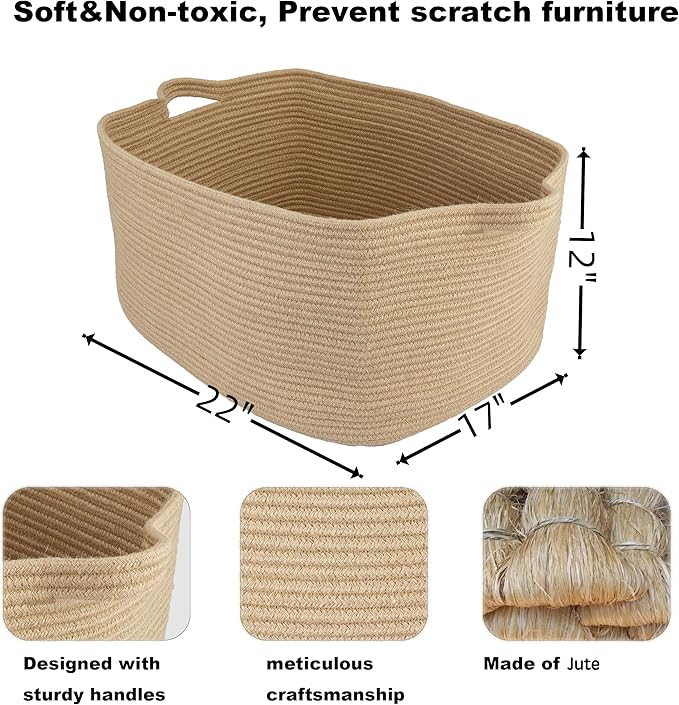 XUANGUO Large Rectangle Blankets Basket Living Room 22"x17"x12" Woven Jute Rope Storage Baskets for Nursery Toy Baskets for Kids and Dogs Wicker Laundry Basket Bin for Clothes Towels
