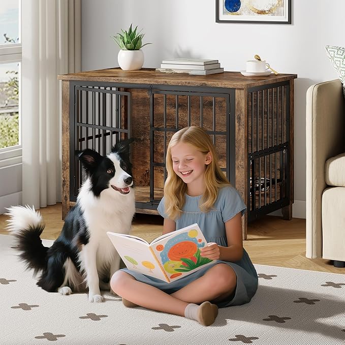 YaFiti 37.7" Dog Crate Furniture Set of 2, Wooden Dog Kennel Indoor with 360° Rotating Feeder and 2 Adjustable Bowls, Decorative Side End Table Dog Cage for Medium Dogs, Rustic Brown