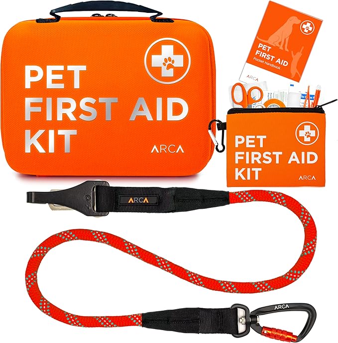 Dog Travel Safety Bundle – Pet First Aid Kit & Car Seat Belt for Safe Adventures, Camping, Hiking, and Road Trips (Canyon Red 360°)