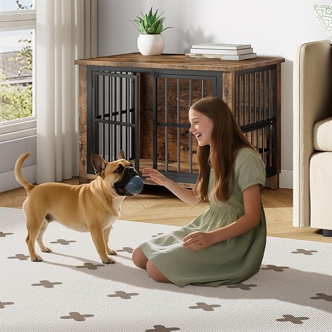 YaFiti 31.5" Dog Crate Furniture Set of 2, Wooden Dog Kennel Indoor with 360° Rotating Feeder and 2 Adjustable Bowls, Decorative Side End Table Dog Cage for Medium and Small Dogs, Rustic Brown