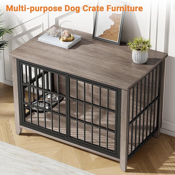 YaFiti 37.7" Dog Crate Furniture, Wooden Dog Kennel Indoor with 360° Rotating Feeder and 2 Adjustable Bowls, Multi-Functional Decorative Side End Table Dog Cage for Medium Dogs, Grey