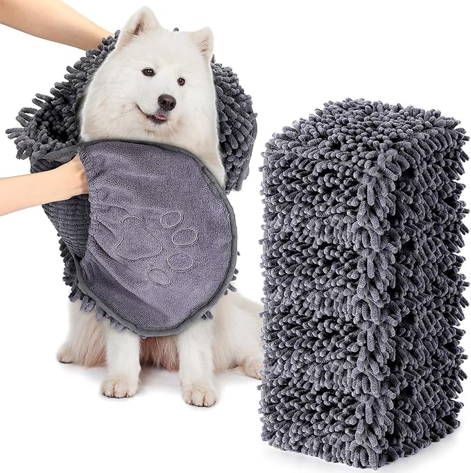 Newwiee 4 Pcs Large Dog Towels for Drying Dogs with Hand Pocket Microfiber Shammy Towel 32 x 14 in Dog Bath Towel Absorbent, Quick Drying, Machine Washable for Pet Puppy Clean Shower Supplies(Grey)