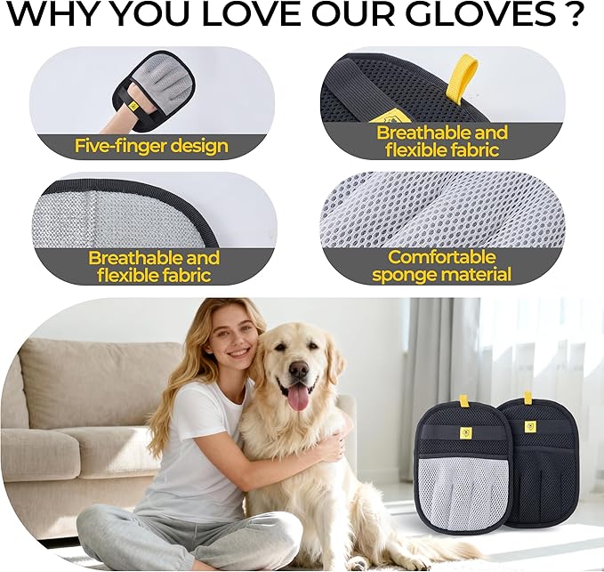 Pet Hair Removal Gloves (Pair) – Reusable 5-Finger Electrostatic Pet Hair Removal Glove, Cat Hair Remover for Cats & Dogs – Washable Cleaning Gloves for Couch, Car Seats, Carpets & Blankets (2Pcs)