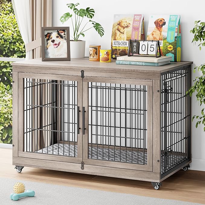 YaFiti Dog Crate Furniture with Cushion, Wooden Dog Kennel Indoor with Double Doors, Dog Cage with Wheels, Dog House Side End Table for Large Dogs up to 85 lb, 44" L, Grey