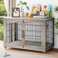 YaFiti Dog Crate Furniture with Cushion, Wooden Dog Kennel Indoor with Double Doors, Dog Cage with Wheels, Dog House Side End Table for Large Dogs up to 85 lb, 44" L, Grey