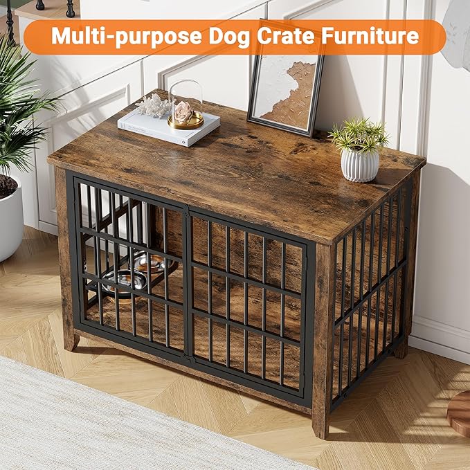 YaFiti 37.7" Dog Crate Furniture Set of 2, Wooden Dog Kennel Indoor with 360° Rotating Feeder and 2 Adjustable Bowls, Decorative Side End Table Dog Cage for Medium Dogs, Rustic Brown