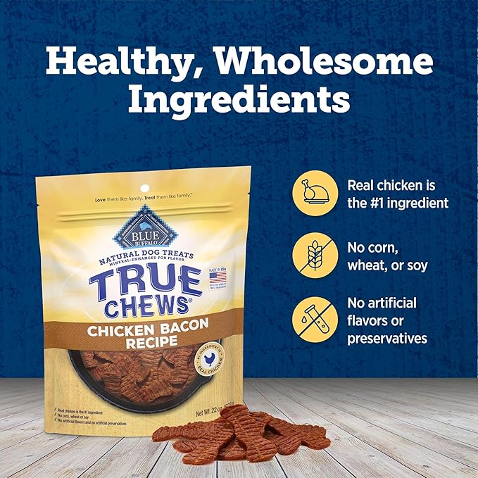 Blue Buffalo True Chews Dog Treats, Made in The USA with Natural Ingredients, Chicken Bacon Recipe, 22-oz Bag