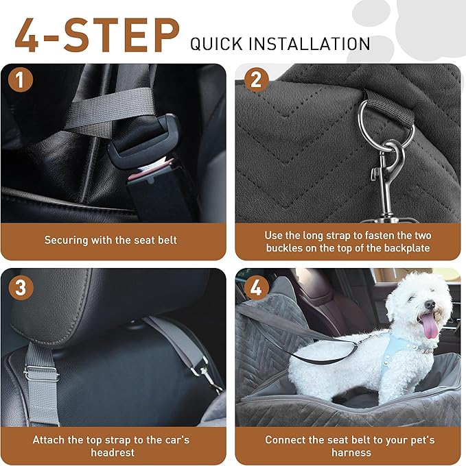 Dog Car Seat for Small/Medium Dogs Up to 30 lbs, Memory Foam Dog Booster Car Seats with Waterproof PU Cover, Pet Seat with Storage Pockets & 2 Safety Belt for Travel(Grey)