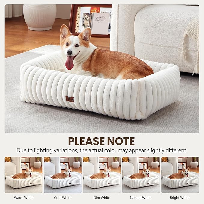 Washable Dog Bed for Small Medium Dogs - Rectangle Orthopedic Corduroy Fleece Pet Bed with Removable Cover and Nonskid Bottom, Calming Puppy Bed Soft Pet Sofa, Cream(35x25x9inchs)
