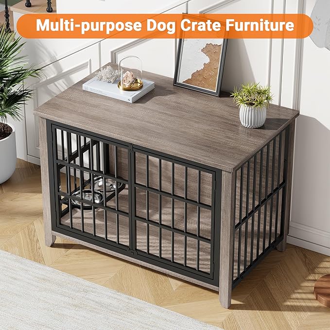 YaFiti 37.7" Dog Crate Furniture Set of 2, Wooden Dog Kennel Indoor with 360° Rotating Feeder and 2 Adjustable Bowls, Decorative Side End Table Dog Cage for Medium Dogs, Grey
