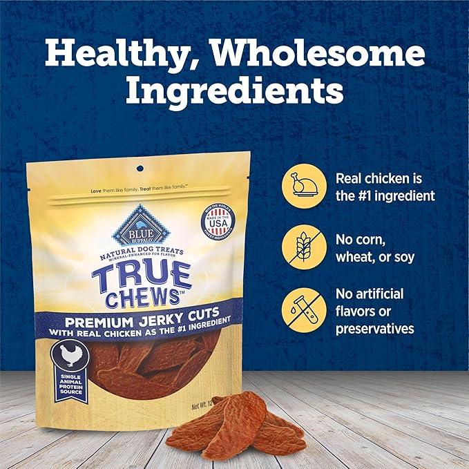 Blue Buffalo True Chews Premium Jerky Cuts Dog Treats, Made in The USA with Natural Ingredients, Chicken, 12-oz Bag