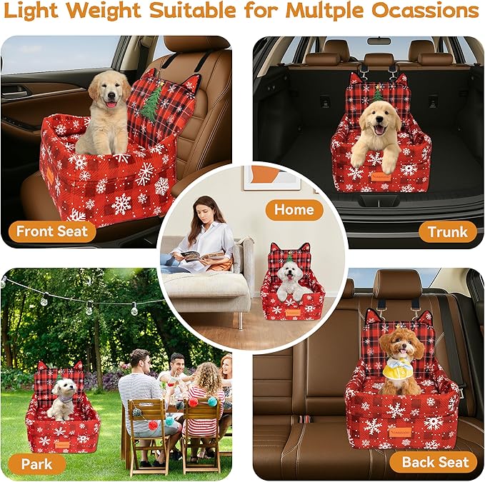 Christmas Dog Car Seat for Small/Medium Dogs Up to 35lbs,Elevated Cushion Fits in Front/Back Seat,Travel Safety Per Car Bed with Washable Removable Cover, Storage 2 Pockets Christmas Tree