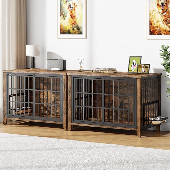 YaFiti 37.7" Dog Crate Furniture Set of 2, Wooden Dog Kennel Indoor with 360° Rotating Feeder and 2 Adjustable Bowls, Decorative Side End Table Dog Cage for Medium Dogs, Rustic Brown