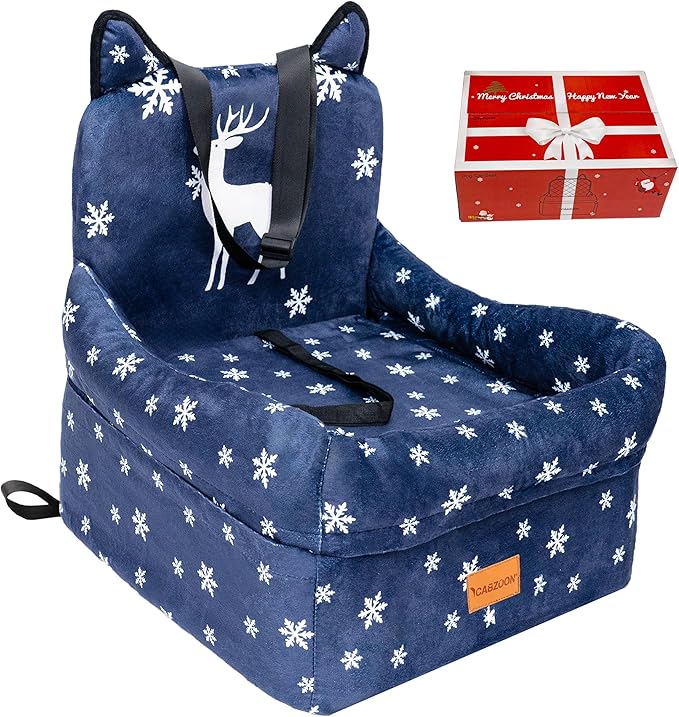 Christmas Dog Car Seat for Small/Medium Dogs Up to 35lbs,Elevated Cushion Fits in Front/Back Seat,Travel Safety Per Car Bed with Washable Removable Cover, Storage 2 Pockets Christmas Elk