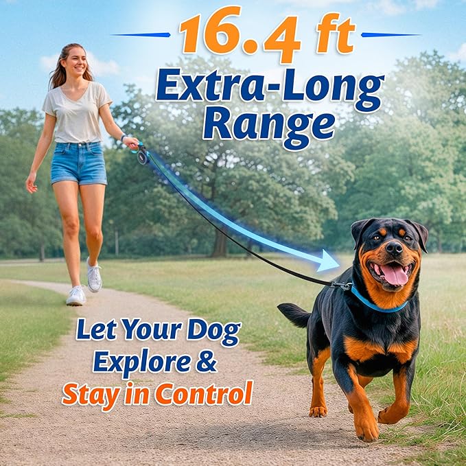 16.4 ft Retractable Dog Leash – Heavy Duty Dog Retractable Leash with Strong Nylon Tape - 360° Tangle-Free Design for Small Medium & Large Dogs up to 100 lbs – One-Click Lock - Ergonomic Comfort Grip
