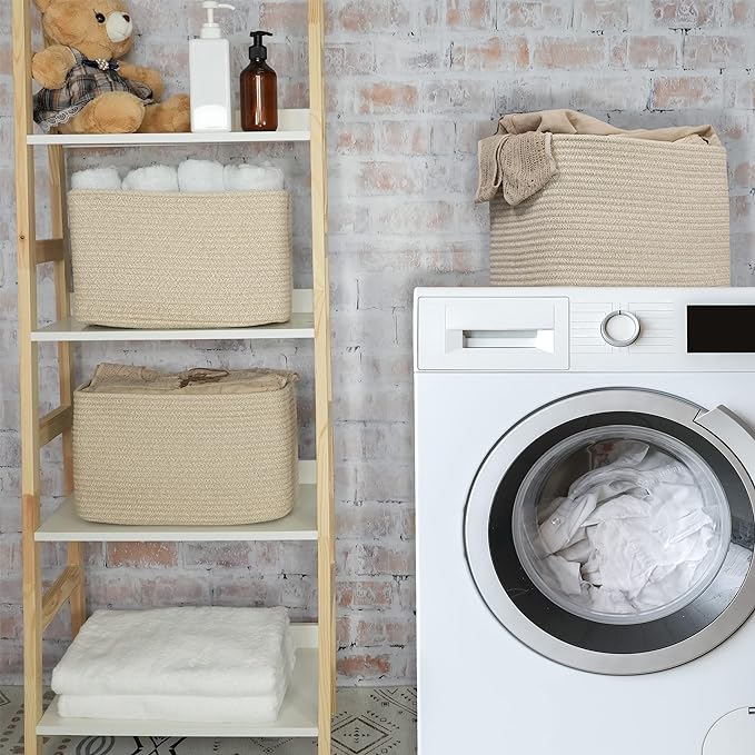 XUANGUO Rope storage Basket Bins Woven Basket for Organizing Shelves 15X10X9.3" Rectangle Decorative Baskets For storage Clothes Toys Books Towels Nursery basket organizer 3 pack Oatmeal