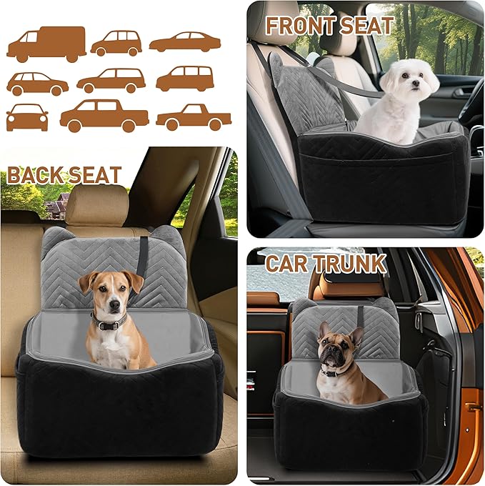 Dog Car Seat for Small/Medium Dogs Up to 30 lbs, Memory Foam Dog Booster Car Seats with Waterproof PU Cover, Pet Seat with Storage Pockets & 2 Safety Belt for Travel(Black)