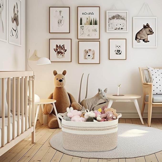 XUANGUO Large Rectangle Blankets Basket Living Room 22"x17"x12" Woven Cotton Rope Storage Baskets for Nursery Toy Baskets for Kids Wicker Laundry Basket Bin for Clothes Towels white brown