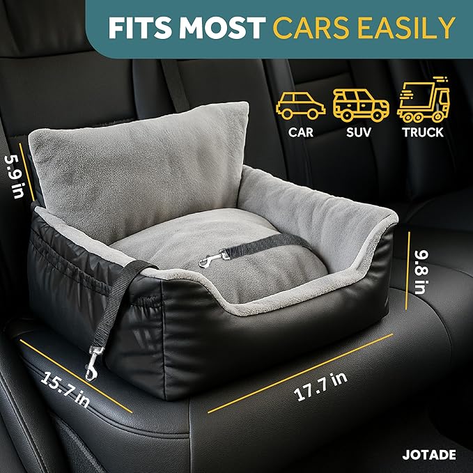 JOTADE Dog Car Seat Booster for Small & Medium Dogs Up to 35 lbs – Washable Elevated Pet Travel Seat, Clip-on Dual Safety Straps & Extra Cushion Cover, Easy Install Secure Car Seat for Dogs