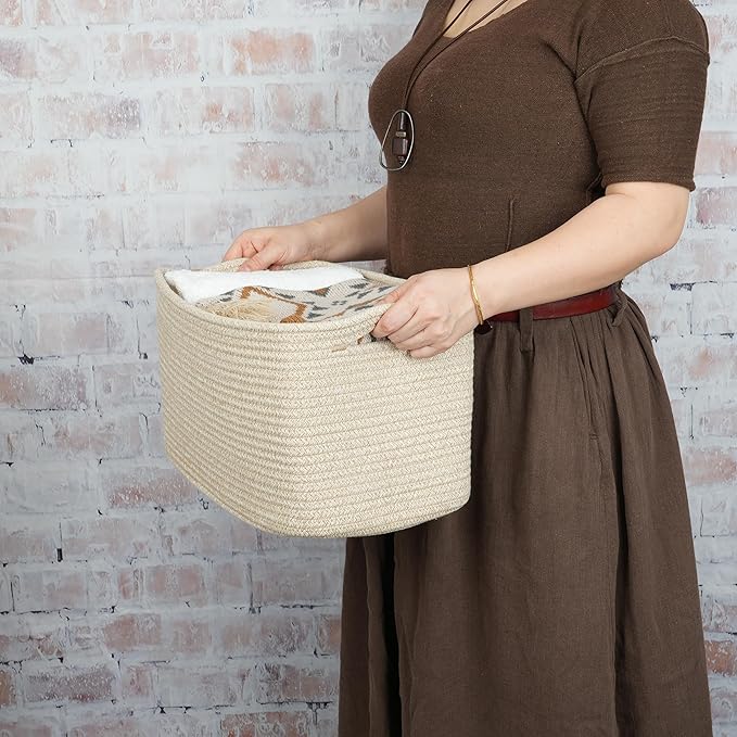 XUANGUO Rope storage Basket Bins Woven Basket for Organizing Shelves 15X10X9.3" Rectangle Decorative Baskets For storage Clothes Toys Books Towels Nursery basket organizer 3 pack Oatmeal