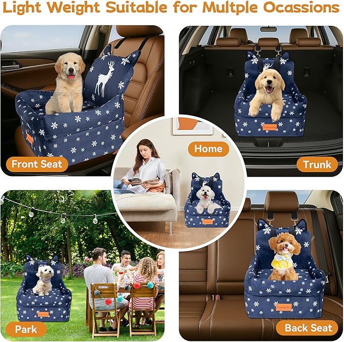 Christmas Dog Car Seat for Small/Medium Dogs Up to 35lbs,Elevated Cushion Fits in Front/Back Seat,Travel Safety Per Car Bed with Washable Removable Cover, Storage 2 Pockets Christmas Elk