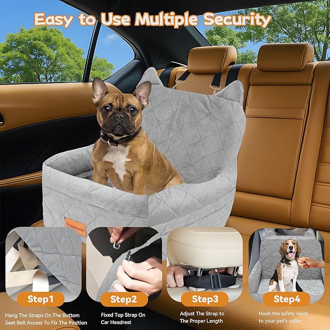 Dog Car Seat for Small/Medium Dogs Up to 35lbs,Elevated Cushion Fits in Front/Back Seat,Travel Safety Per Car Bed with Washable Removable Cover, Storage 2 Pockets Grey