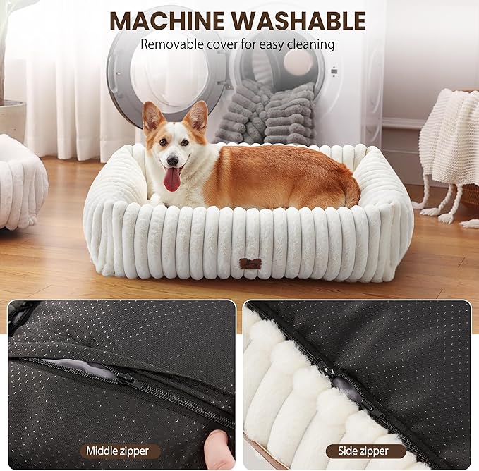 Washable Dog Bed for Small Medium Dogs - Rectangle Orthopedic Corduroy Fleece Pet Bed with Removable Cover and Nonskid Bottom, Calming Puppy Bed Soft Pet Sofa, Cream(35x25x9inchs)