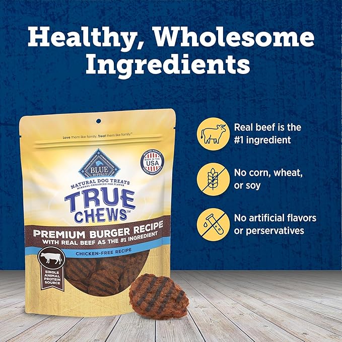 Blue Buffalo True Chews Dog Treats, Made in the USA with Natural Ingredients, Beef Burger Recipe, 10-oz Bag