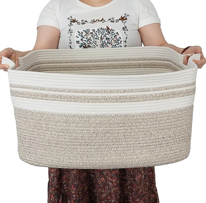 XUANGUO Large Rectangle Blankets Basket Living Room 22"x17"x12" Woven Cotton Rope Storage Baskets for Nursery Toy Baskets for Kids Wicker Laundry Basket Bin for Clothes Towels white brown