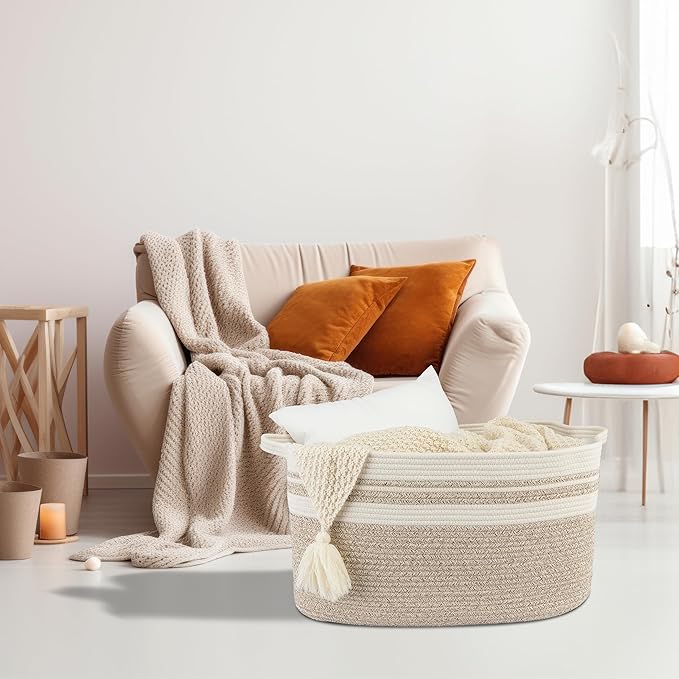 XUANGUO Large Rectangle Blankets Basket Living Room 22"x17"x12" Woven Cotton Rope Storage Baskets for Nursery Toy Baskets for Kids Wicker Laundry Basket Bin for Clothes Towels white brown
