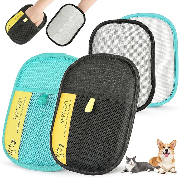 Electrostatic Pet Hair Remover Glove, Teal Mesh Fabric and Black, Reusable Dog Cat Hair Removal Tool for Furniture, Clothing, Car Seats (2 Pack)