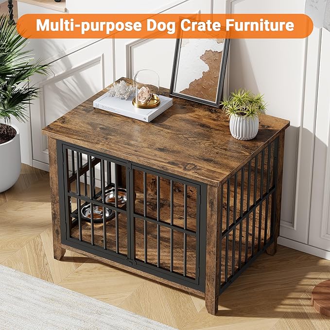 YaFiti 31.5" Dog Crate Furniture Set of 2, Wooden Dog Kennel Indoor with 360° Rotating Feeder and 2 Adjustable Bowls, Decorative Side End Table Dog Cage for Medium and Small Dogs, Rustic Brown