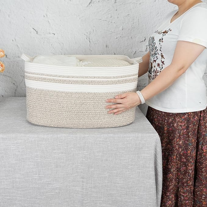 XUANGUO Large Rectangle Blankets Basket Living Room 22"x17"x12" Woven Cotton Rope Storage Baskets for Nursery Toy Baskets for Kids Wicker Laundry Basket Bin for Clothes Towels white brown